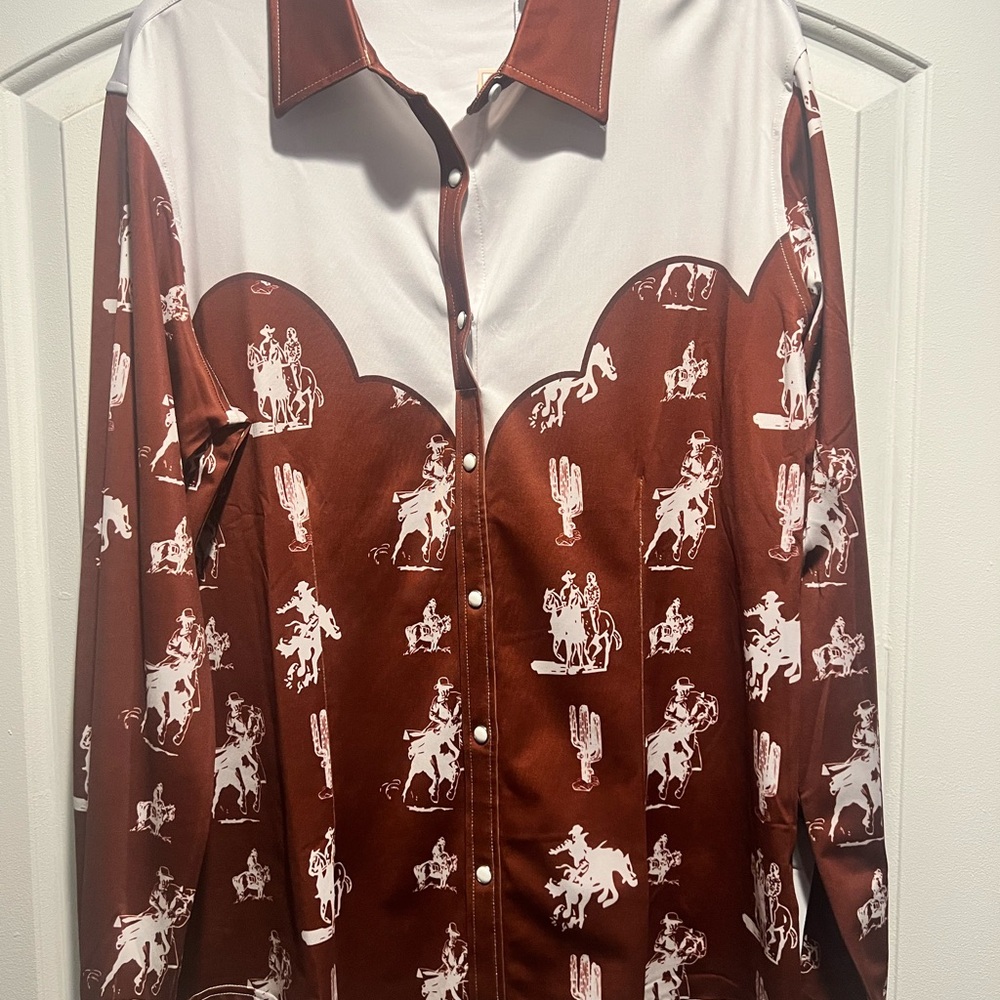 Cowboy Print Button Down Shirt - Brown & White